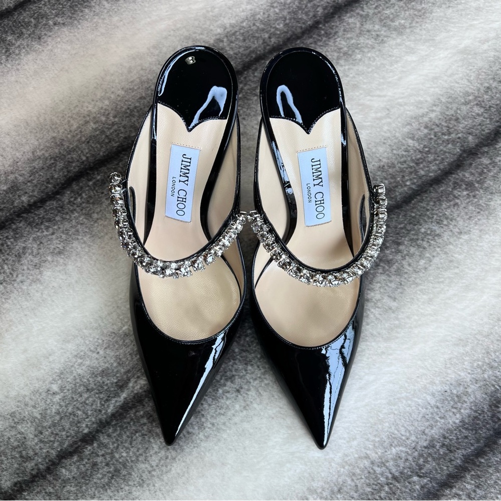 Jimmy Choo Bing 100 Black Patent Leather Crystal Strap Mule Heels